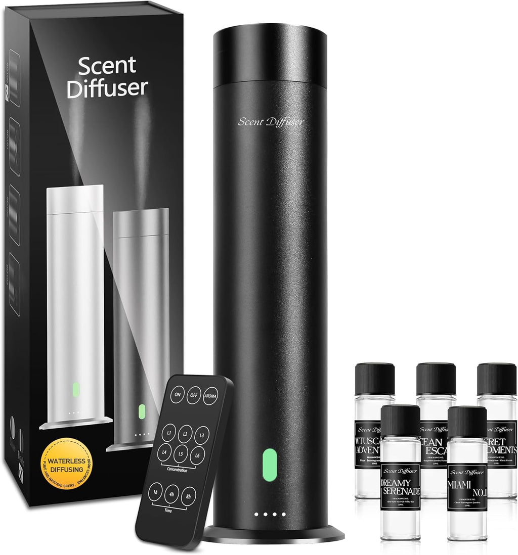 Scent Dinbor My Way New Essential Oil Set — 5 x 20ml fragrance oils (MY WAY, DAY DREAM, OCEAN BREEZE, RITZ CARLTON, THE ONE) on a stone display with flowers, hotel-inspired scents