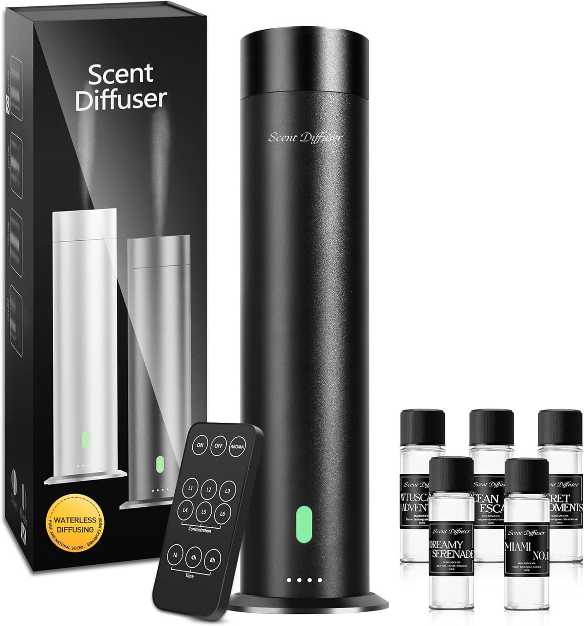 Scent Dinbor My Way New Essential Oil Set — 5 x 20ml fragrance oils (MY WAY, DAY DREAM, OCEAN BREEZE, RITZ CARLTON, THE ONE) on a stone display with flowers, hotel-inspired scents