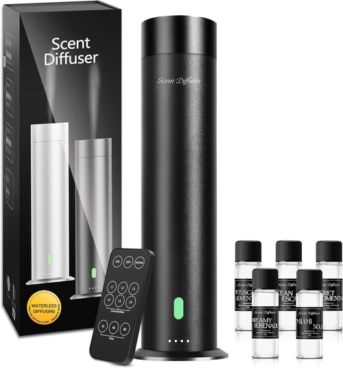 Scent Dinbor My Way New Essential Oil Set — 5 x 20ml fragrance oils (MY WAY, DAY DREAM, OCEAN BREEZE, RITZ CARLTON, THE ONE) on a stone display with flowers, hotel-inspired scents