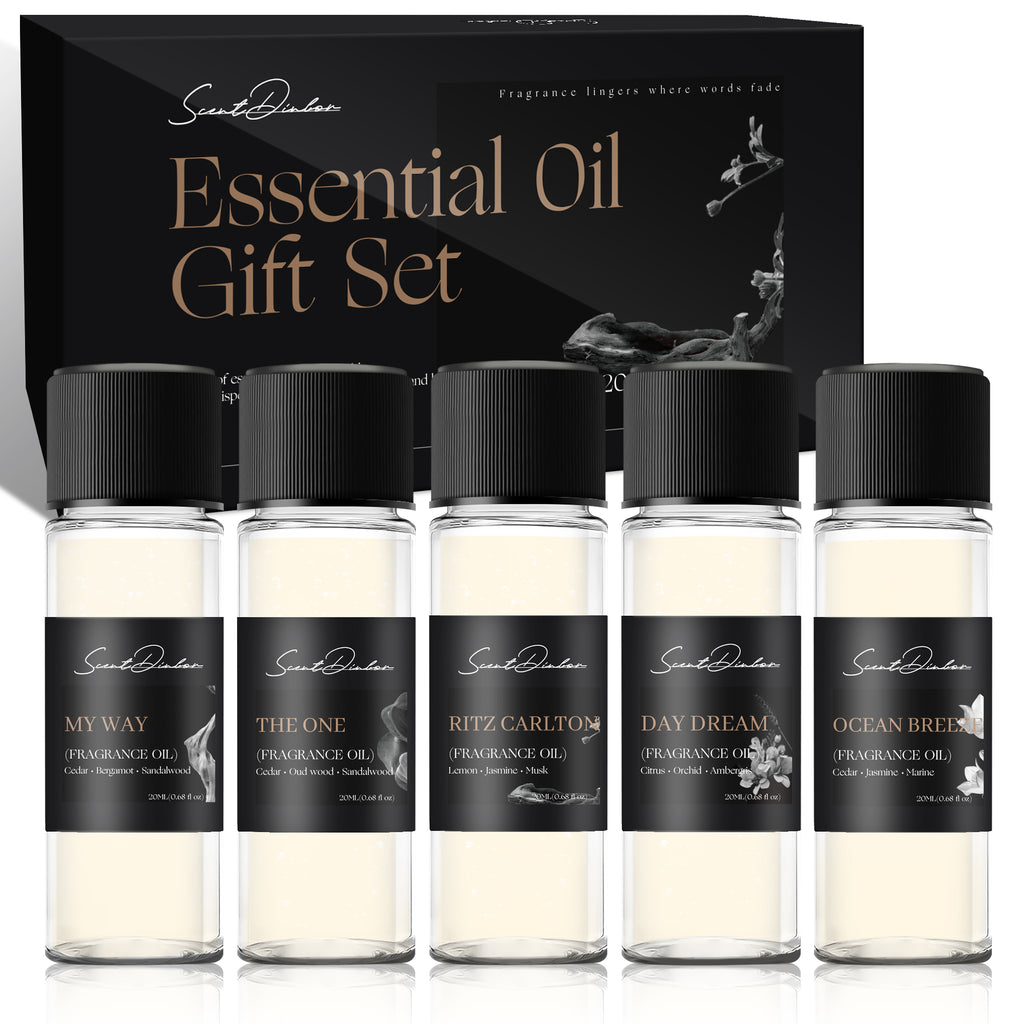 Scent Dinbor Essential Oil Gift Set 100ml — five 20ml bottles (MY WAY, THE ONE, RITZ CARLTON, DAY DREAM, OCEAN BREEZE) in a black gift box