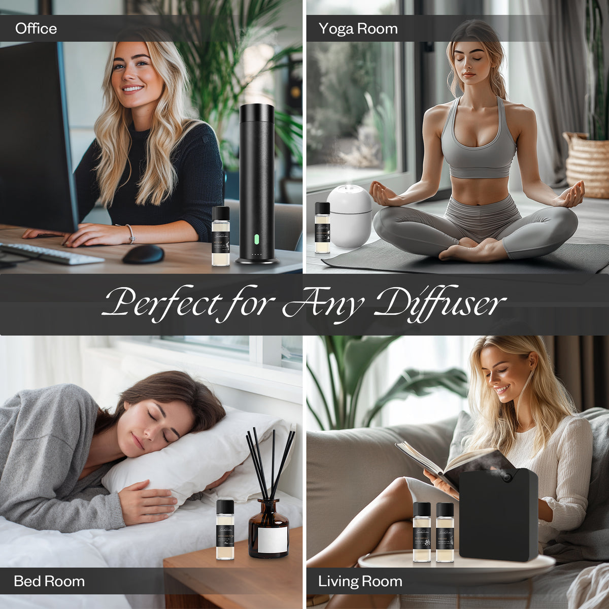 Scent Dinbor essential oils perfect for any diffuser — shown in office, yoga room, bedroom and living room scenes
