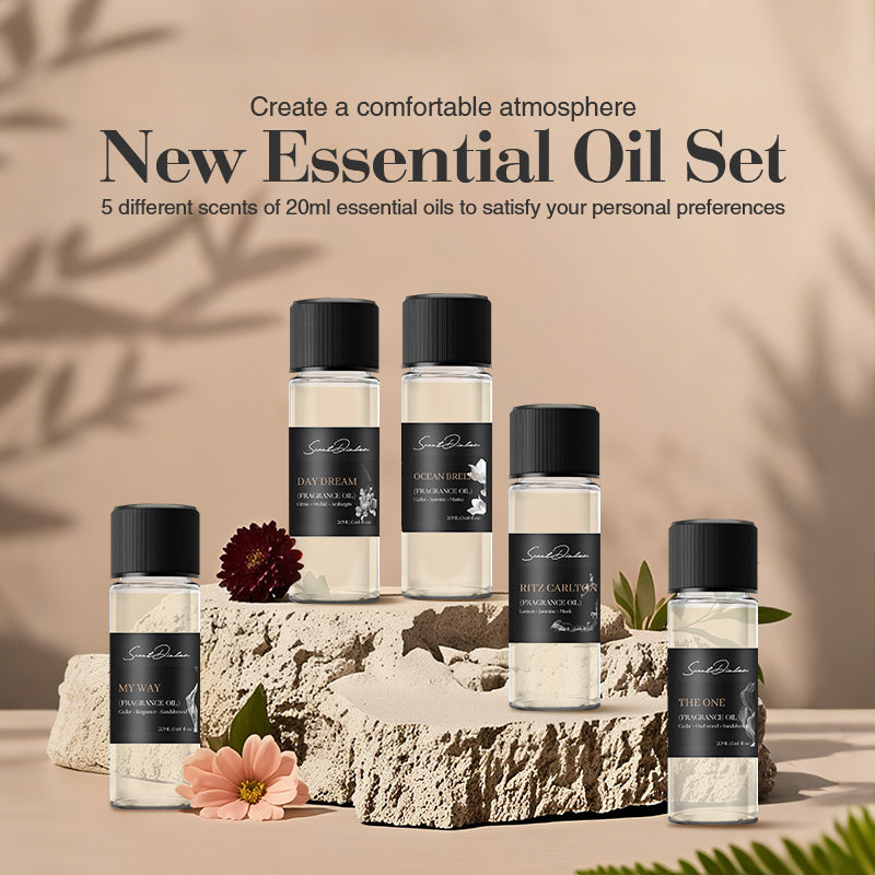 Scent Dinbor My Way New Essential Oil Set — 5 x 20ml fragrance oils (MY WAY, DAY DREAM, OCEAN BREEZE, RITZ CARLTON, THE ONE) on a stone display with flowers, hotel-inspired scents