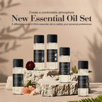 Scent Dinbor My Way New Essential Oil Set — 5 x 20ml fragrance oils (MY WAY, DAY DREAM, OCEAN BREEZE, RITZ CARLTON, THE ONE) on a stone display with flowers, hotel-inspired scents