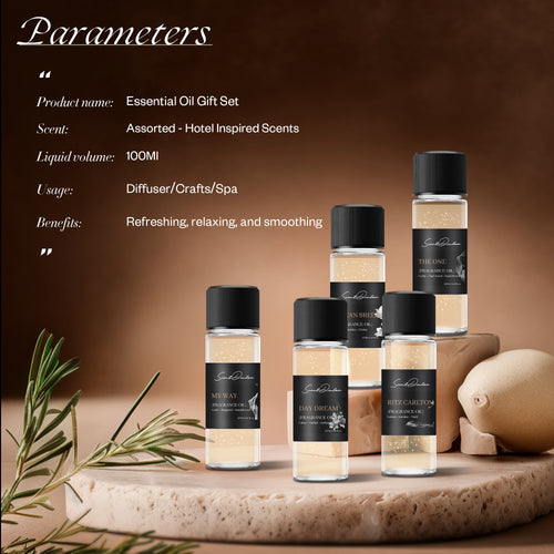 Scent Dinbor My Way New Essential Oil Set — 5 x 20ml fragrance oils (MY WAY, DAY DREAM, OCEAN BREEZE, RITZ CARLTON, THE ONE) on a stone display with flowers, hotel-inspired scents