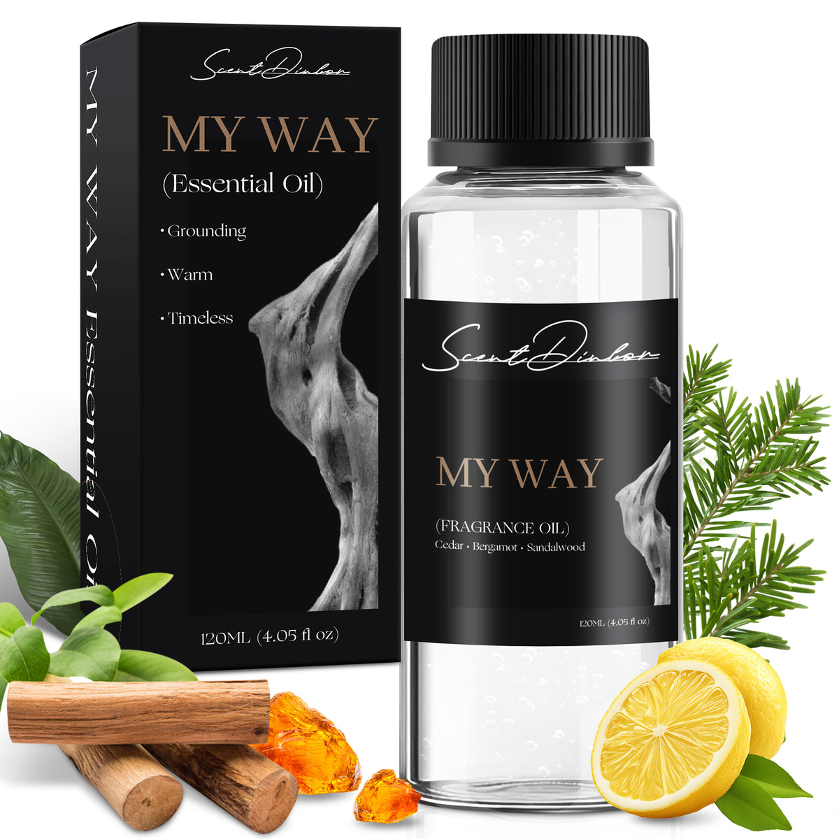 Scent Dinbor MY WAY essential oil 120ml (4.05 fl oz) with black gift box — cedar, bergamot and sandalwood, grounding warm timeless